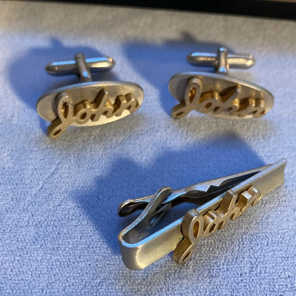 Swank Cufflinks and Tie Clip Set John gold silver